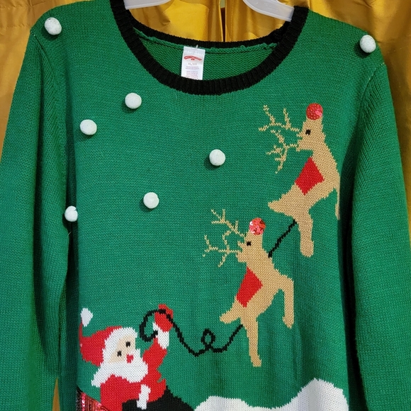Santa Sequin Sleigh Christmas Sweater Green Holiday Time XL - Picture 2 of 8